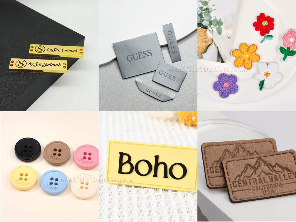 Showcase of various custom clothing labels, hang tags, leather patches, metal buttons, and zipper pullers.