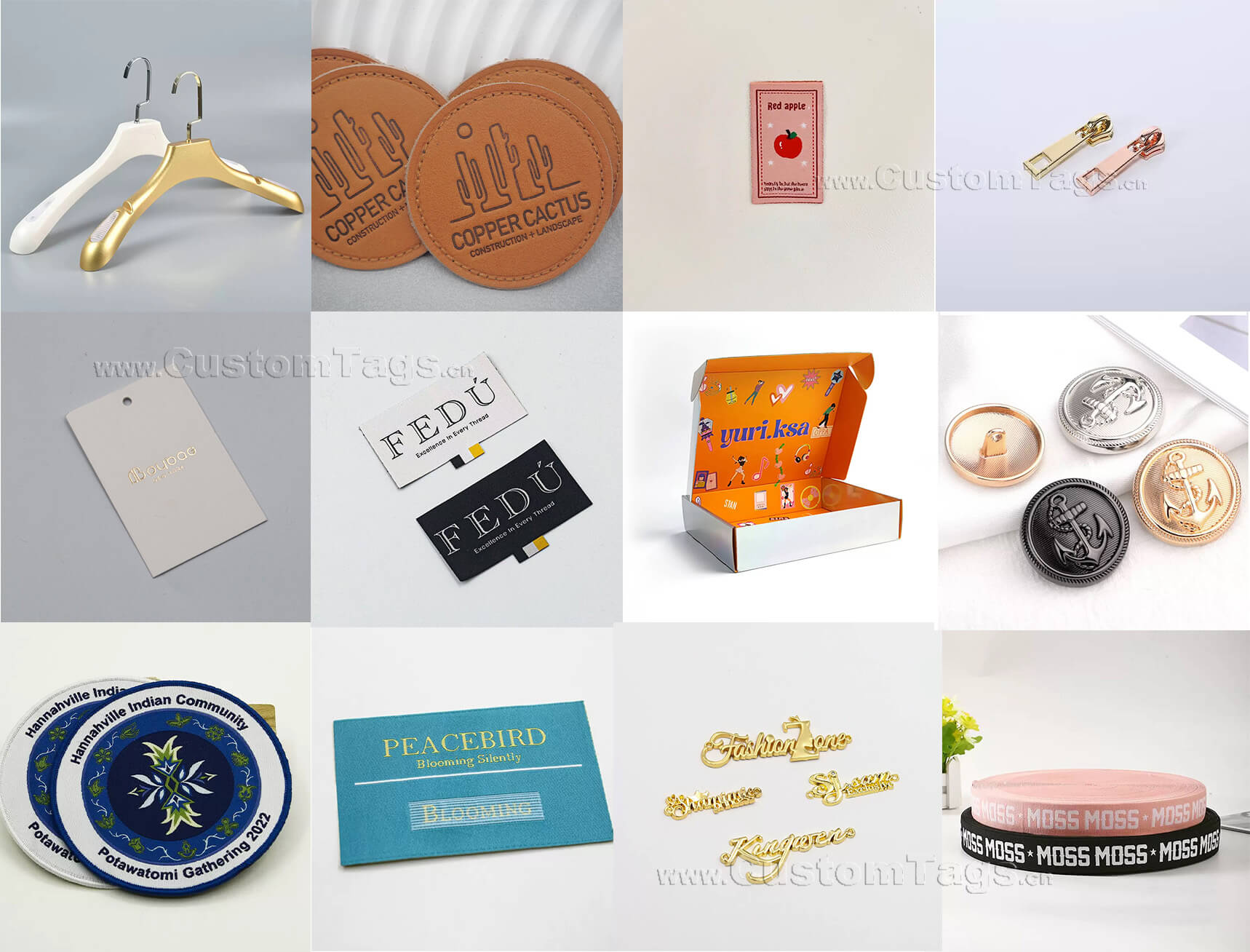 Comprehensive collection of custom garment accessories and trims including woven labels, hang tags, buttons, and zippers.