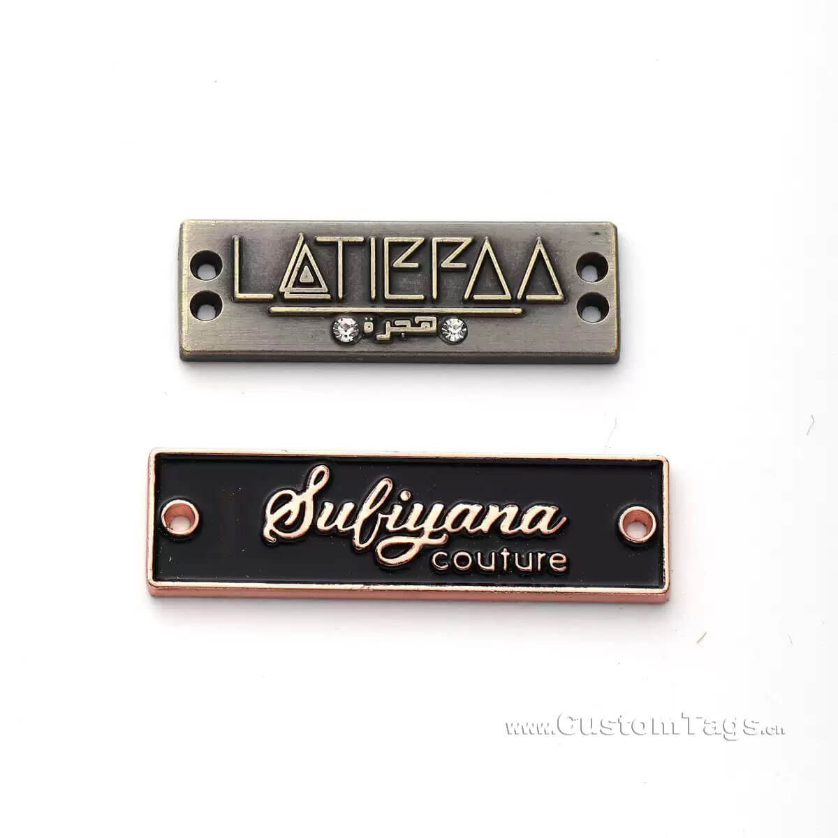 custom embossed metal labels and tags for clothing with logo