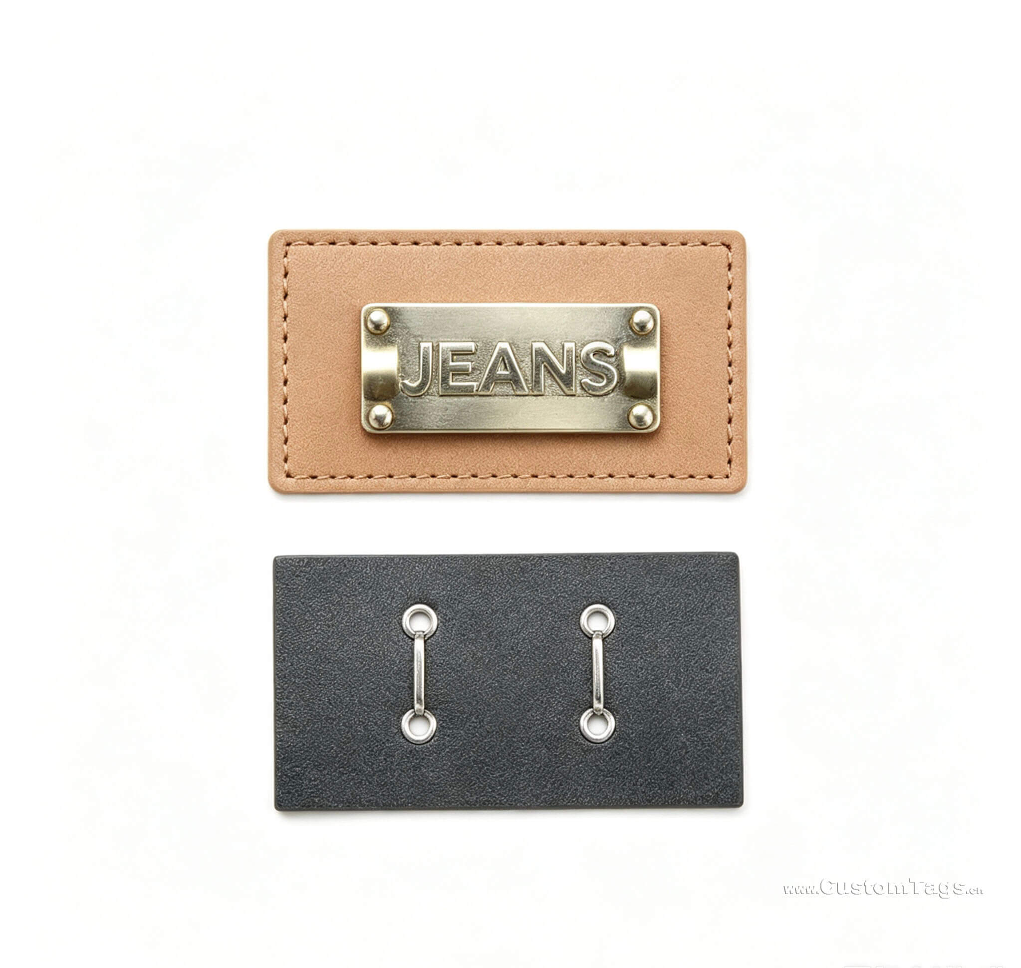 custom metal clothing tags and tags on leather 